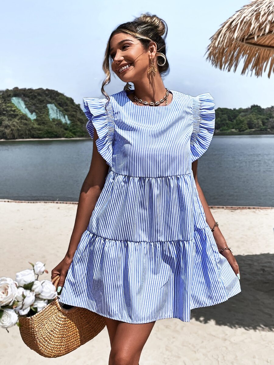 GENKIRA 條紋印花荷葉邊連衣裙 - 藍白色 - 查看 1