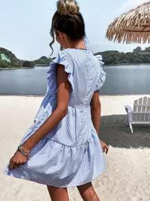GENKIRA 條紋印花荷葉邊連衣裙 - 藍白色 - 查看 2