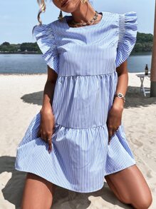 GENKIRA 條紋印花荷葉邊連衣裙 - 藍白色 - 查看 3