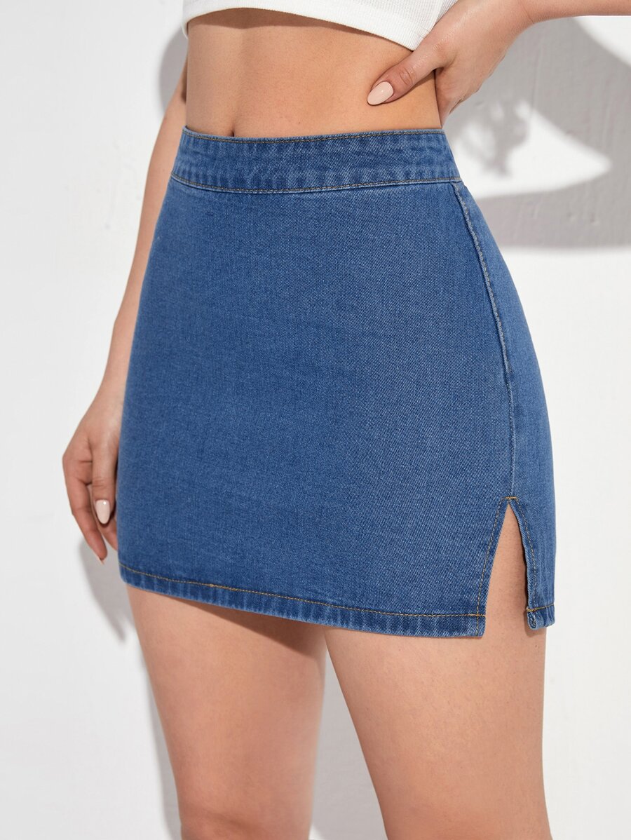 SHEIN EZwear 下擺開叉後拉鍊牛仔半身裙 - 中等水洗藍 - 查看 1