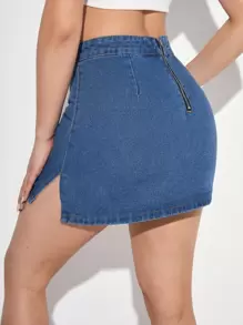 SHEIN EZwear 下擺開叉後拉鍊牛仔半身裙 - 中等水洗藍 - 查看 2