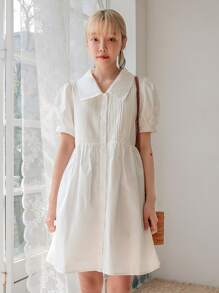DAZY Vestido con botón delantero de manga farol - Blanco - Ver 5