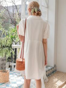 DAZY Vestido con botón delantero de manga farol - Blanco - Ver 2