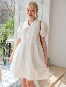 DAZY Vestido con botón delantero de manga farol - Blanco - Ver 4