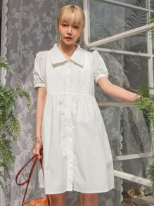 DAZY Vestido con botón delantero de manga farol - Blanco - Ver 6