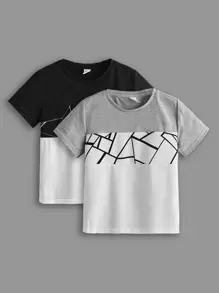 SHEIN Chàng trai trẻ 2 cái/bộ Giải trí Dệt kim Vòng cổ Ngắn tay Áo thun Với In Hình học - Nhiều màu - Xem 1