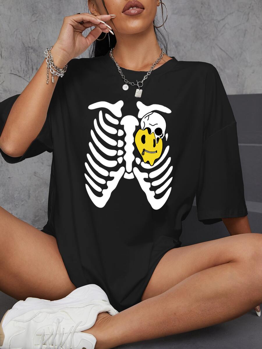 Camiseta amplia esqueleto con con estampado de dibujos animados de hombros caídos - Negro - Ver 1