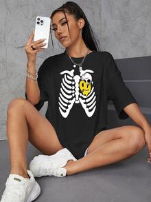 Camiseta amplia esqueleto con con estampado de dibujos animados de hombros caídos - Negro - Ver 4