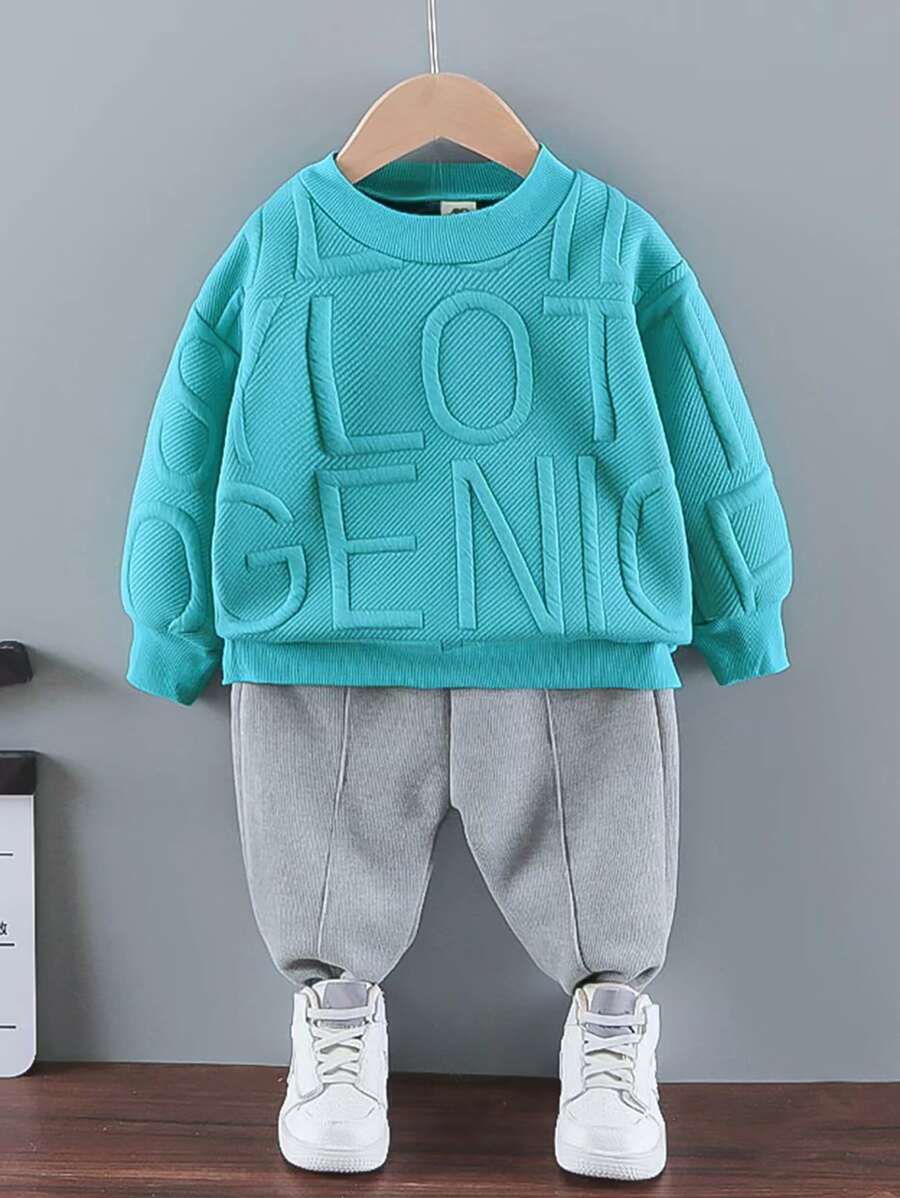 SHEIN Toddler Boys Letter Textured Sweatshirt & Joggers - Multicolor - View 1