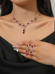 Rhinestone Decor Necklace & Drop Earrings - Red - View 1