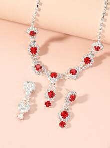 Rhinestone Decor Necklace & Drop Earrings - Red - View 2