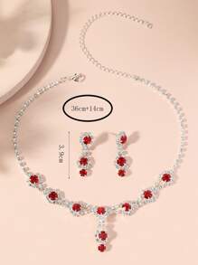 Rhinestone Decor Necklace & Drop Earrings - Red - View 3