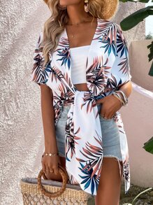 SHEIN Swim Tropical Print Kimono,Summer Beach - White - View 4