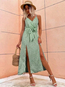 SHEIN VCAY 小碎花圖案開衩腰帶吊帶洋裝 - 綠色 - 查看 6