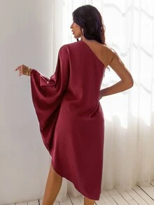 SHEIN Unity One Shoulder Dolman Sleeve Dress - Burgundy - View 2