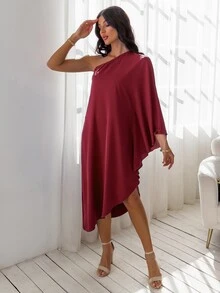 SHEIN Unity One Shoulder Dolman Sleeve Dress - Burgundy - View 3