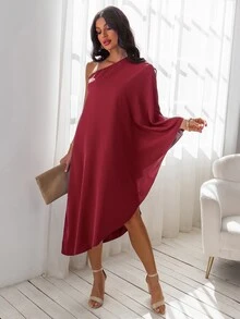 SHEIN Unity One Shoulder Dolman Sleeve Dress - Burgundy - View 4