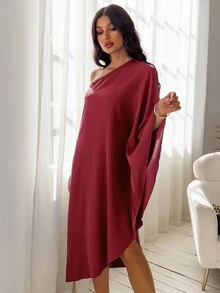SHEIN Unity One Shoulder Dolman Sleeve Dress - Burgundy - View 5
