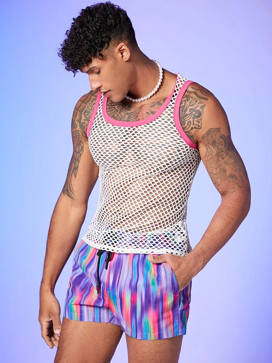 GENTILAND Men Cut Out Contrast Binding Sheer Mesh Tank - White - View 1