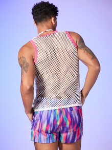 GENTILAND Men Cut Out Contrast Binding Sheer Mesh Tank - White - View 2