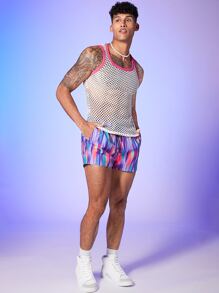 GENTILAND Men Cut Out Contrast Binding Sheer Mesh Tank - White - View 3