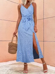 SHEIN VCAY 小碎花圖案開衩腰帶吊帶連衣裙 - 藍色 - 查看 1