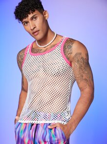 GENTILAND Men Cut Out Contrast Binding Sheer Mesh Tank - White - View 6