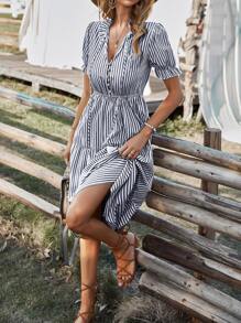 SHEIN VCAY Vertical Striped Flounce Sleeve Tassel Tie Neck Ruffle Hem Dress - Black and White - View 4