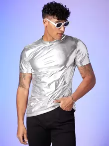 GENTILAND Men Solid Metallic Tee - Silver - View 1