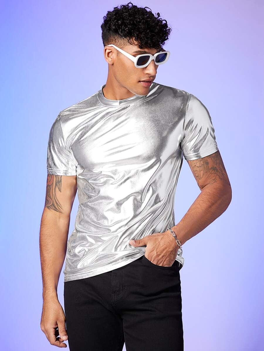 GENTILAND Men Solid Metallic Tee - Silver - View 1