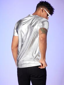 GENTILAND Men Solid Metallic Tee - Silver - View 2
