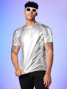 GENTILAND Men Solid Metallic Tee - Silver - View 3