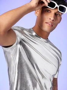 GENTILAND Men Solid Metallic Tee - Silver - View 6