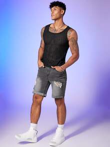 GENTILAND Hombres Shorts en mezclilla desgarro bajo de doblez - Gris Oscuro - Ver 6