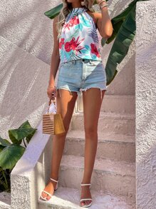 Tropical Print Tie Back Blouse - Multicolor - View 5