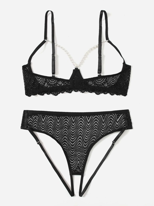 Plus Lace Pearls Beaded Underwire Lingerie Set SHEIN USA