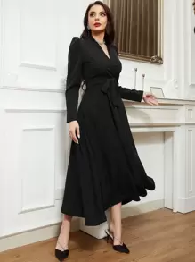 Modelyn 泡泡袖交疊領繫腰帶連衣裙 - 黑色 - 查看 5