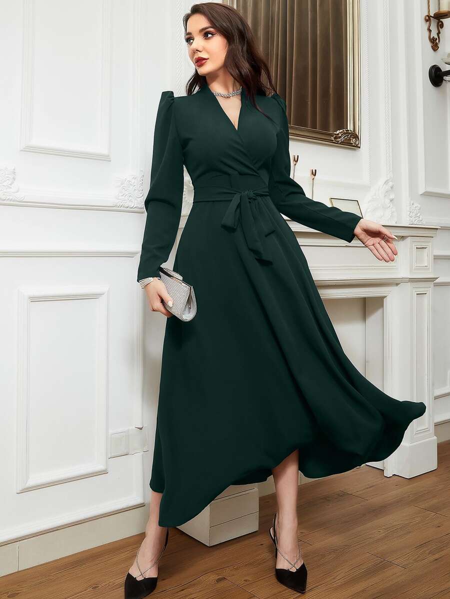 Modelyn Puff Sleeve Surplice Neck Belted Dress - Dark Green - View 1