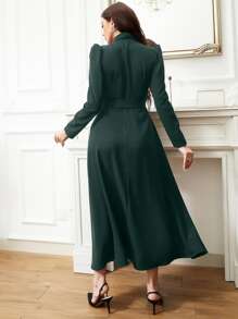 Modelyn Puff Sleeve Surplice Neck Belted Dress - Dark Green - View 2