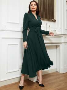 Modelyn Puff Sleeve Surplice Neck Belted Dress - Dark Green - View 5