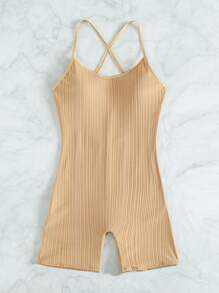 Plain Cross Back One Piece Swimsuit, For Summer Beach Vacation - Mocha Brown - View 4