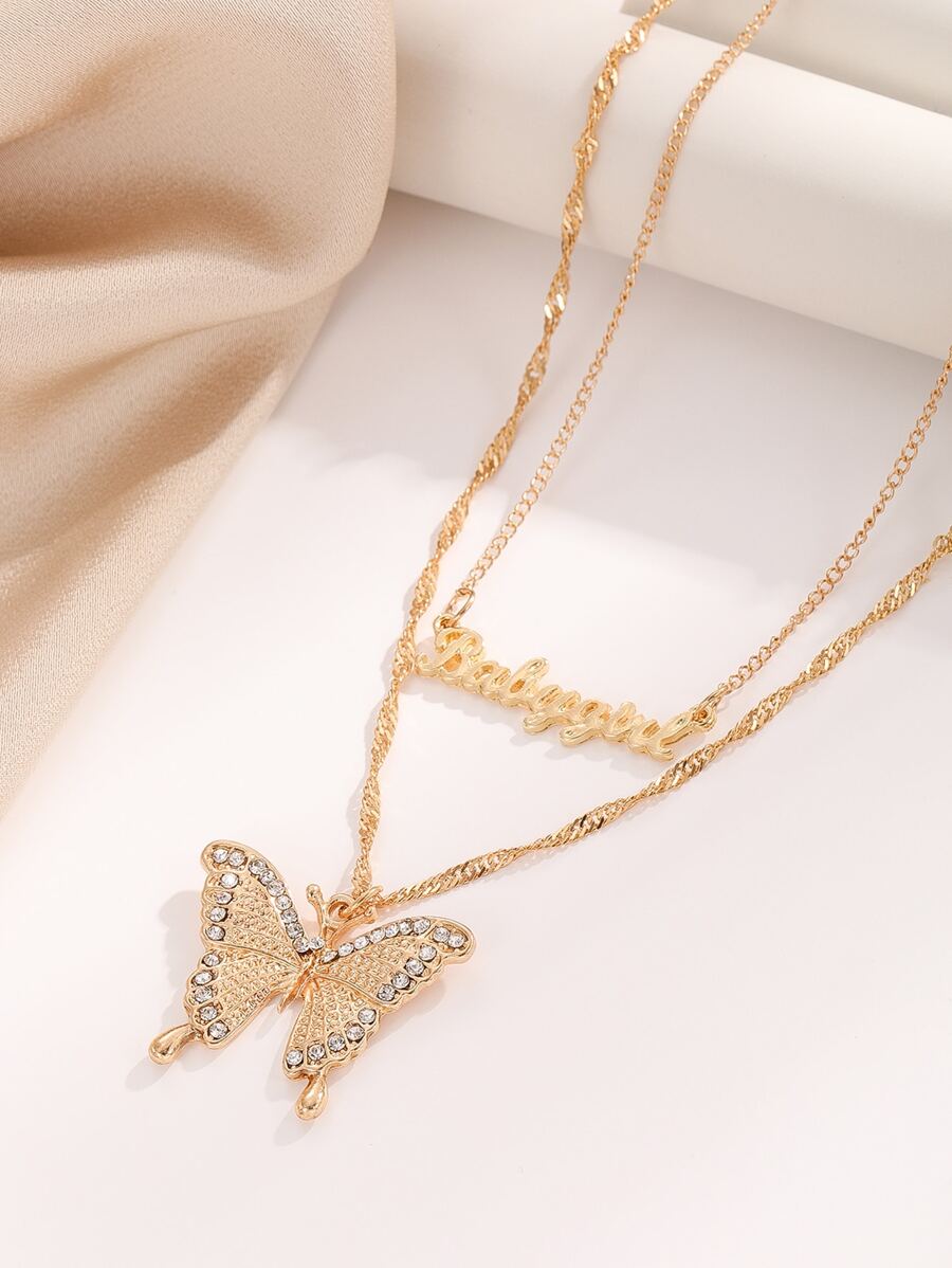 2 cái Rhinestone Trang Trí Bướm & Thư Quyến Rũ Vòng Cổ - Vàng - Xem 1