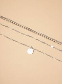 Disc Pendant Layered Necklace - Silver - View 4