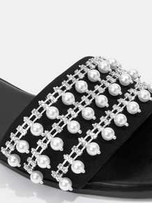CUCCOO TILAWA Rhinestone & Faux Pearls Decor Slide Sandals - Black - View 3