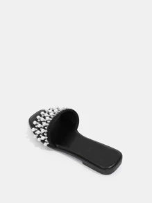 CUCCOO TILAWA Rhinestone & Faux Pearls Decor Slide Sandals - Black - View 5