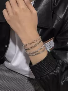 Hombres 4 piezas Pulsera de cadena minimalista - Plateado - Ver 1