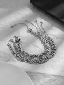 Hombres 4 piezas Pulsera de cadena minimalista - Plateado - Ver 4