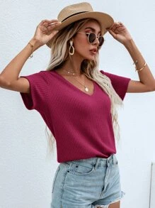 SHEIN LUNE Waffle Knit V Neck Solid Tee - Hot Pink - View 1