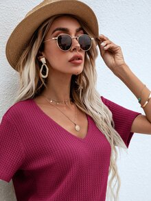 SHEIN LUNE Waffle Knit V Neck Solid Tee - Hot Pink - View 4