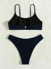 SHEIN Swim Summer Beach Solid Textured Bikini - Navy Blue - View 2